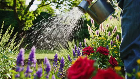 woman watering flowers in a garden