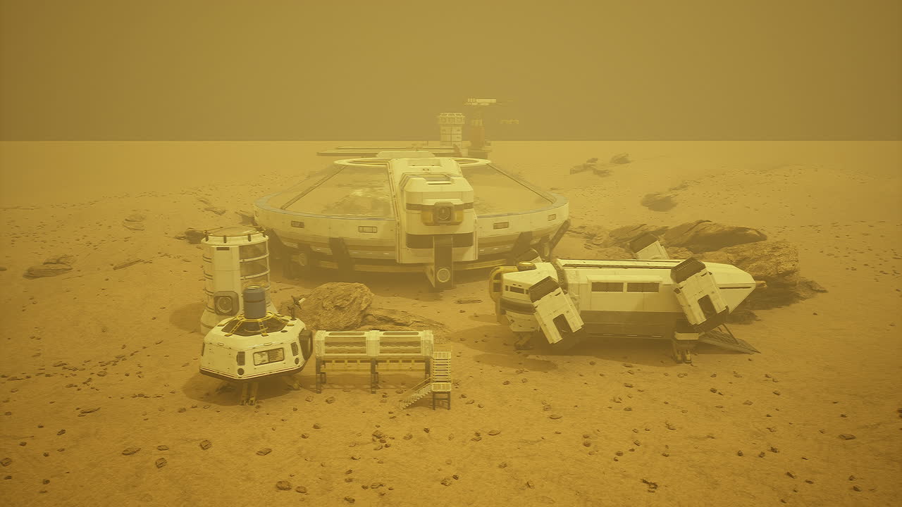 Mars landscape featuring futuristic exploration habitats and equipment