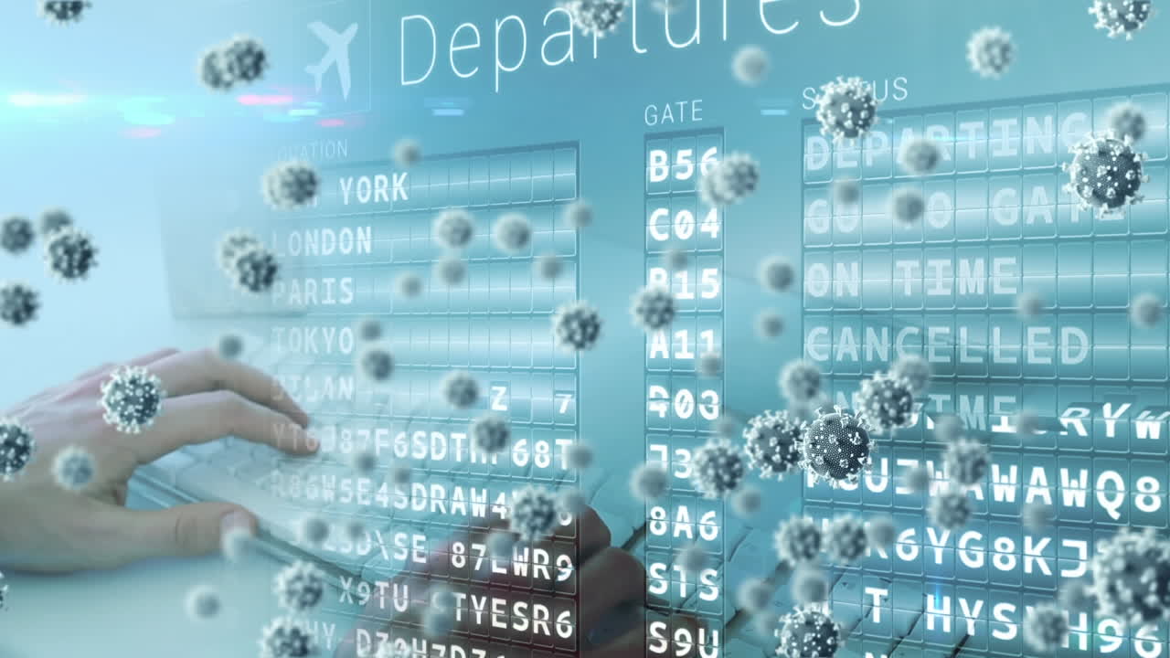Animation of macro Covid-19 cells floating with airport time schedule over a person typing
