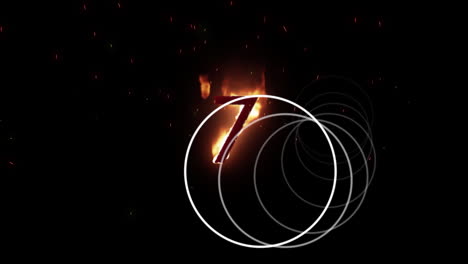 animation of number 7 on fire and white circles spinning on black background