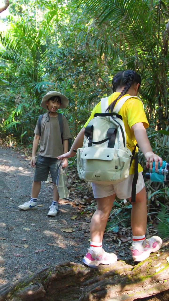 Two children with backpacks and binoculars explore a sunny forest trail during a daytime hike.