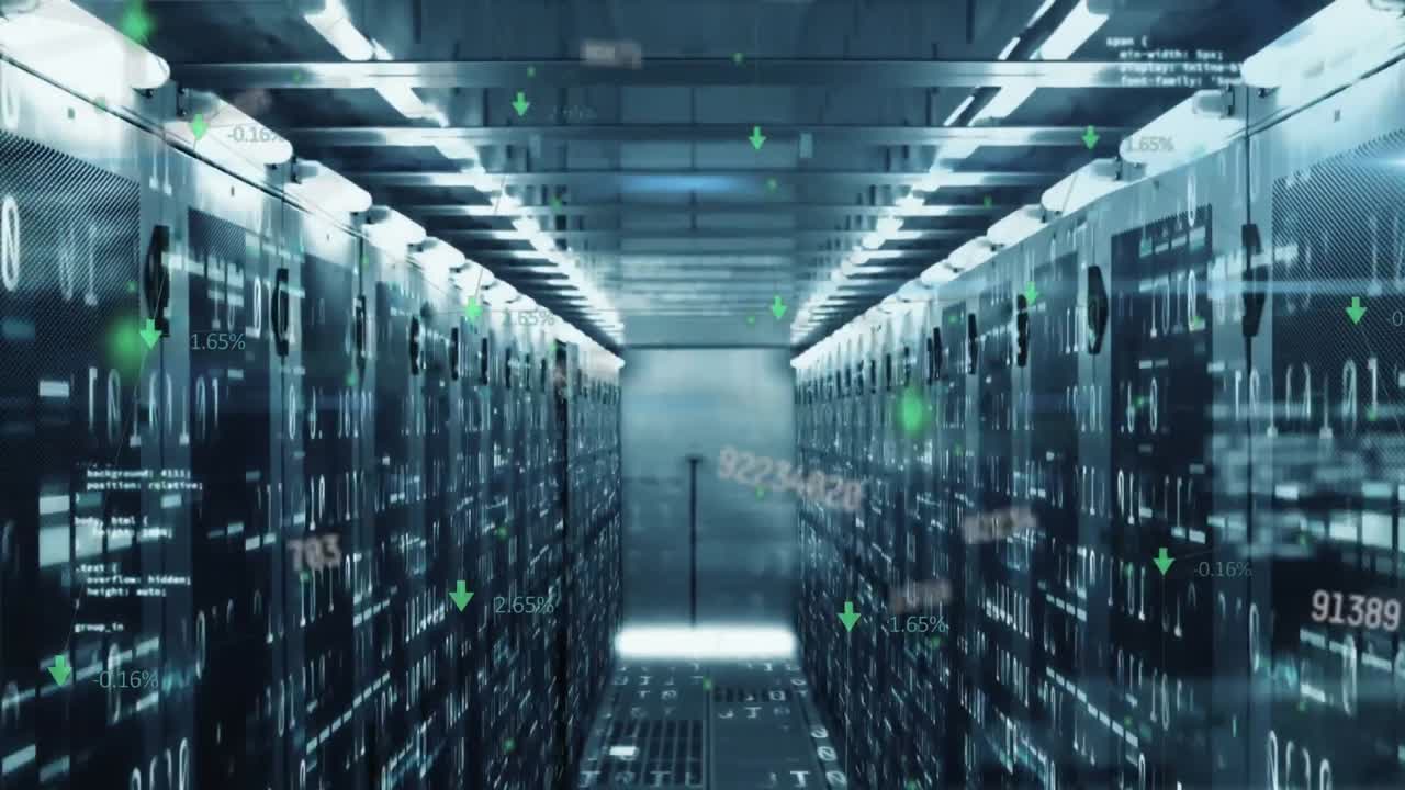 Animation of changing numbers, mosaic sqaures and data processing against computer server room