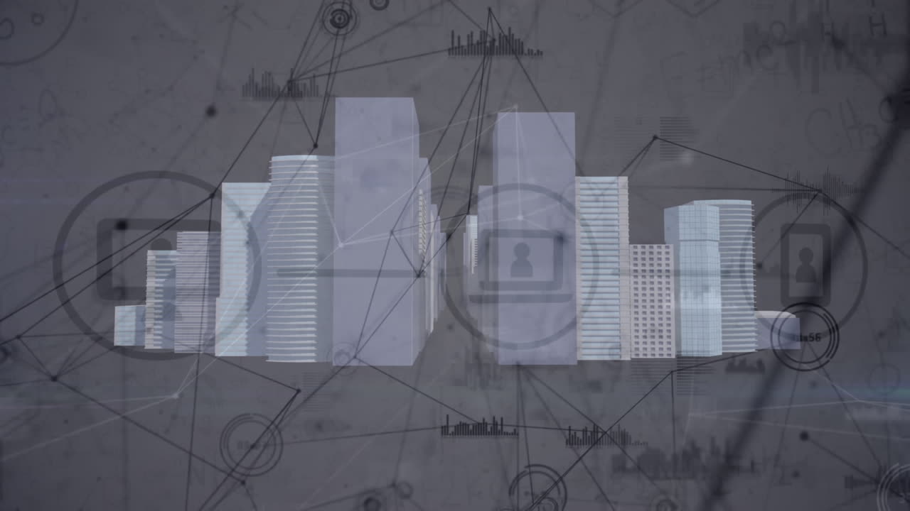 animación del procesamiento de datos con una red de conexiones sobre el paisaje urbano