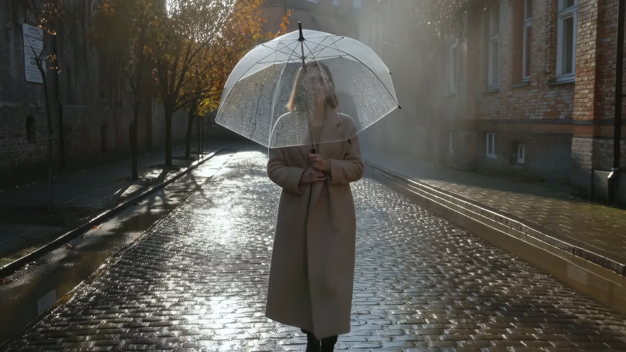 Woman with Umbrella in Rainy City Street
