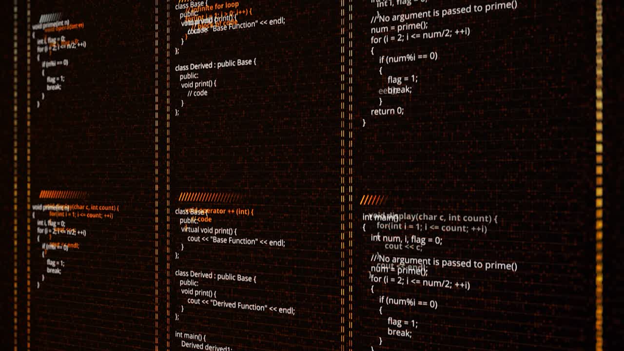 Abstract three columns with coding programs on black background, seamless loop. Animation. Concept of computer language and IT technologies