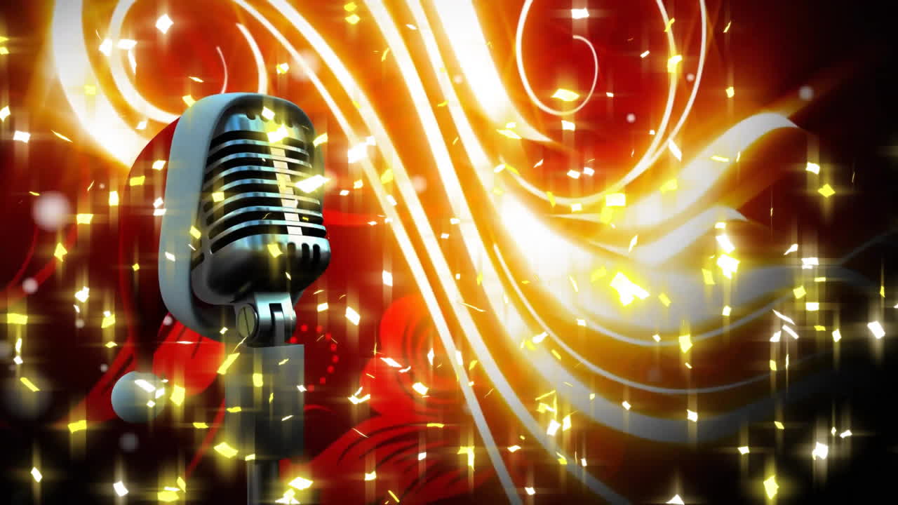 반이는 불빛이 떨어지는 애니메이션과 빛의 흔적 위에 산타 모자와 함께 레트로 마이크