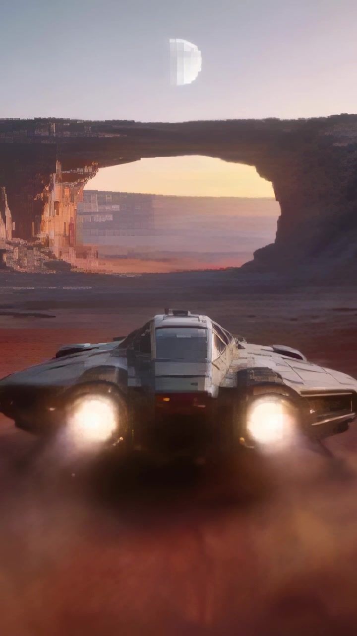 Video verticale: Motori che si accendono, nave futuristica che si solleva attraverso un canyon rosso verso un arco, sollevando polvere