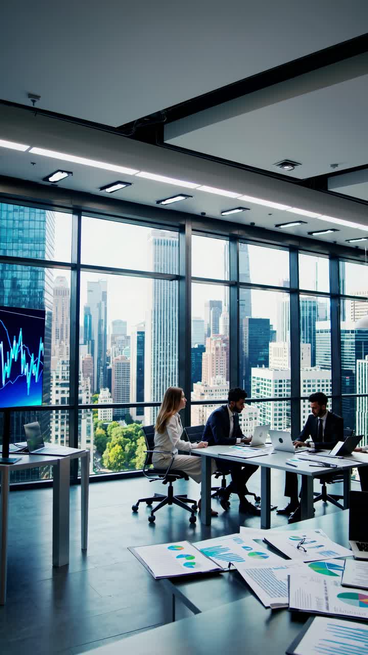 High-angle video of a modern office meeting with large windows and cityscape view