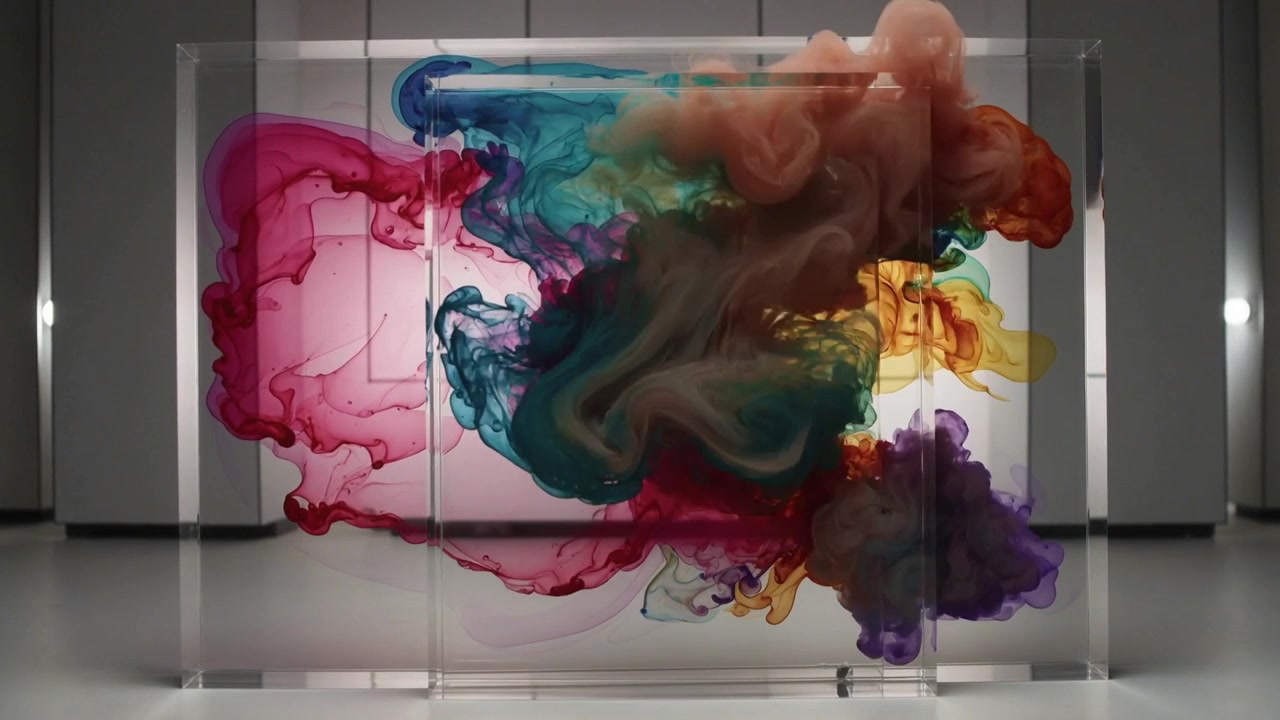 Injecting cyan and beige fluids into clear acrylic display block in gallery, creating color display
