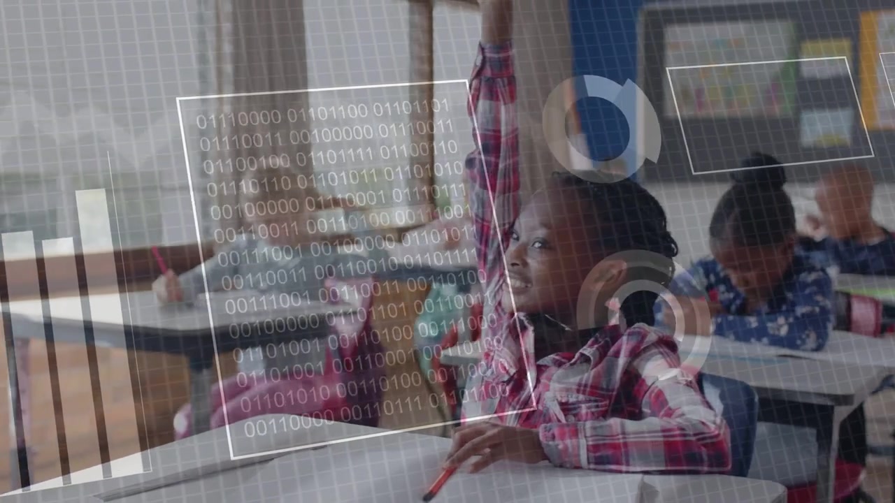 Teacher moving to desks activating animated charts shifting to girl raising hand for lesson