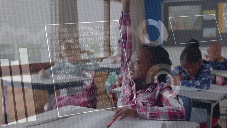 Teacher moving to desks activating animated charts shifting to girl raising hand for lesson