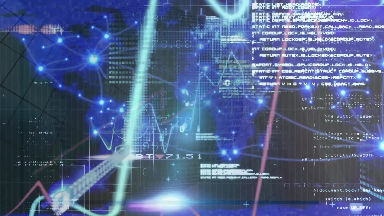 animación de gráficos y datos financieros sobre el procesamiento de datos en pantalla azul y negra