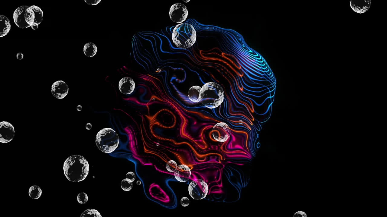 Colorful lines and transparent spheres floating in animation with abstract 3D shapes