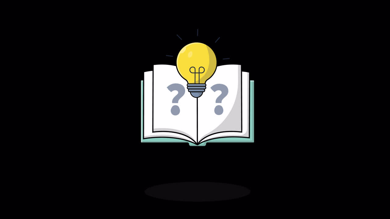 Animated Book with Question Marks and a Glowing Idea Light Bulb