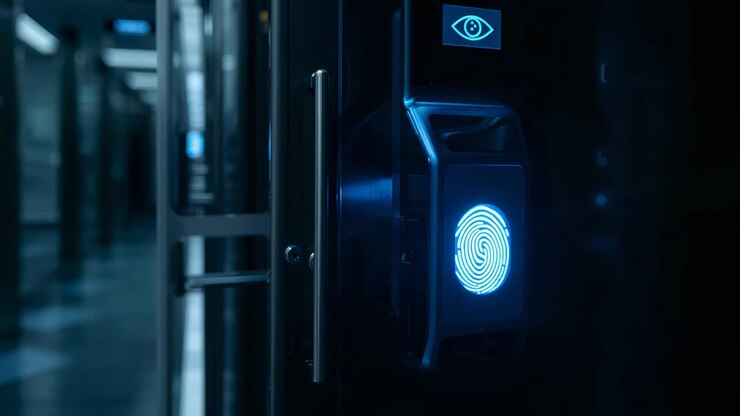 Reacting to blue fingerprint icon, staffer in blazer leaning into scanner in corridor for access