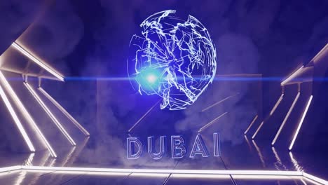 futuristic holographic projection illuminating a digital rendering of dubai in neon against a dark, smoky backdrop, highlighting innovation and technological advancement
