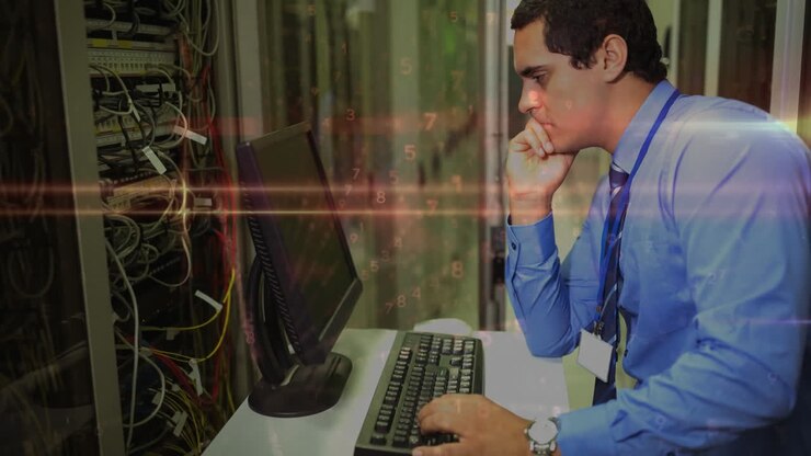 Working on computer, man in server room with data processing animation