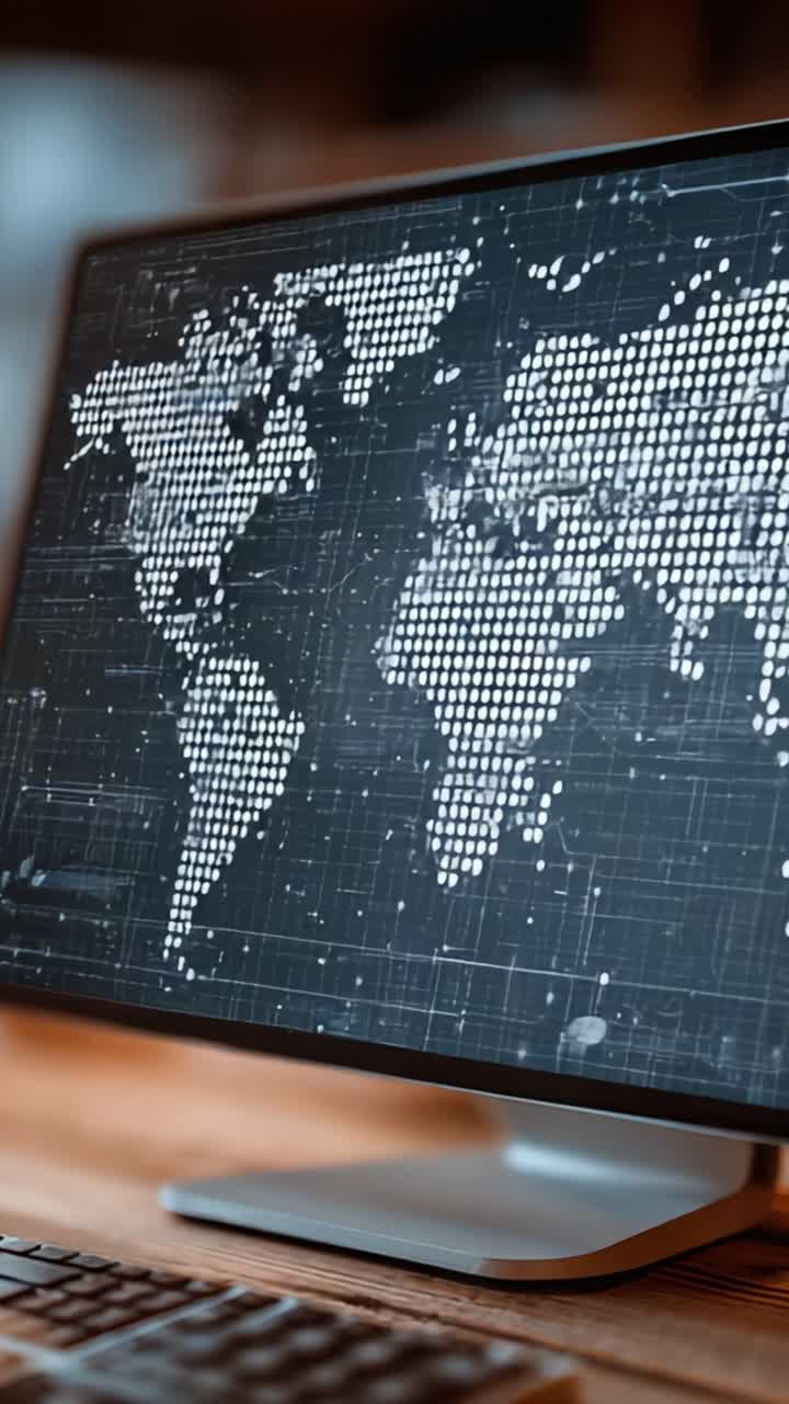 A Detailed Visualization of World Geography on a Computer Screen, Showcasing a Digital Map with Dots Representing Countries and Regions, Ideal for Tech and Travel Enthusiasts
