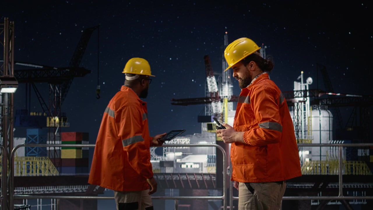 Offshore platform engineering team coordinating supply routes during oil crisis