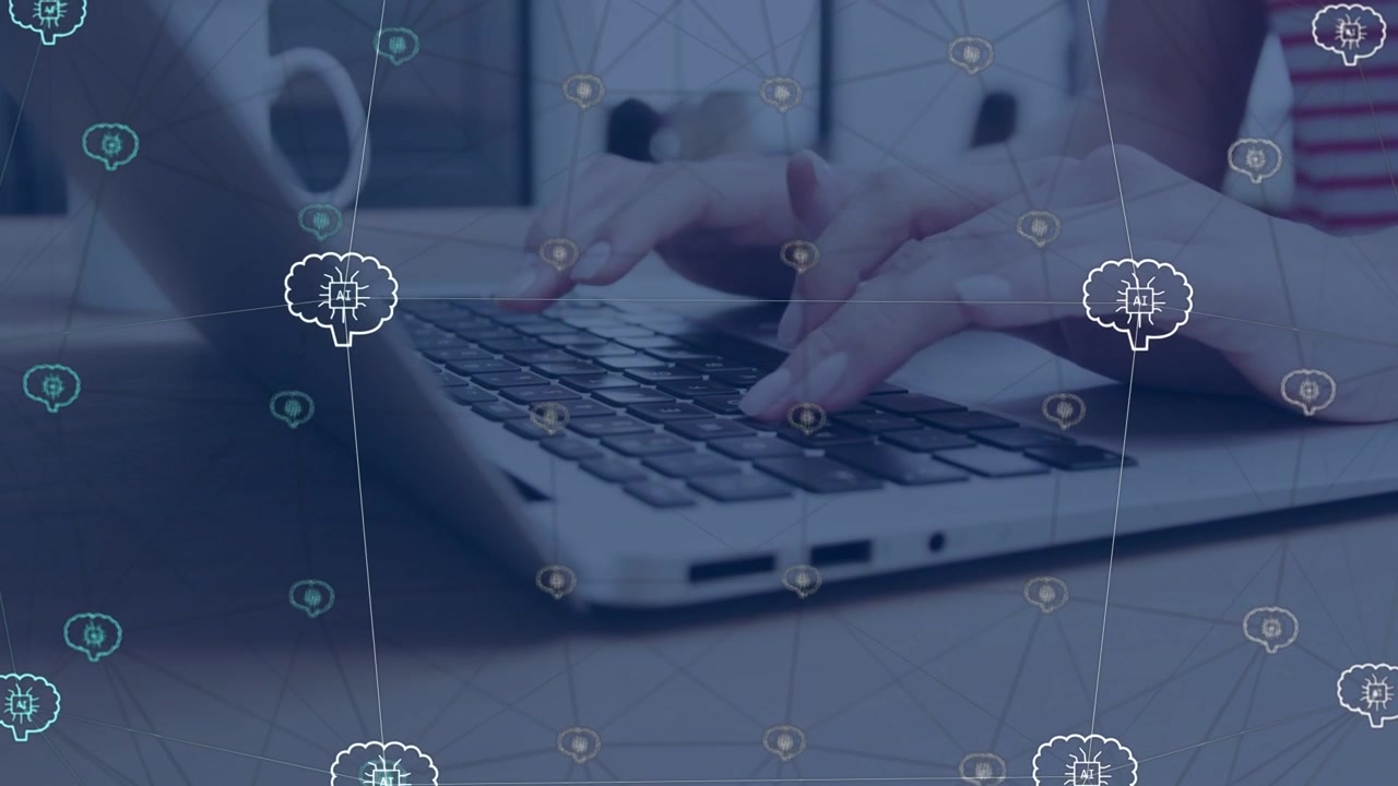 Donna che posiziona le dita e poi preme i tasti, digitando per lavoro tecnologico mentre nodi di intelligenza artificiale si sovrappongono al laptop.