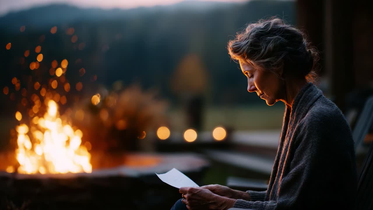 A Serene Evening by the Fire: A Reflective Moment Captured in Warm Light as a Woman Reads Intently, Surrounded by Nature's Beauty and a Flickering Blaze