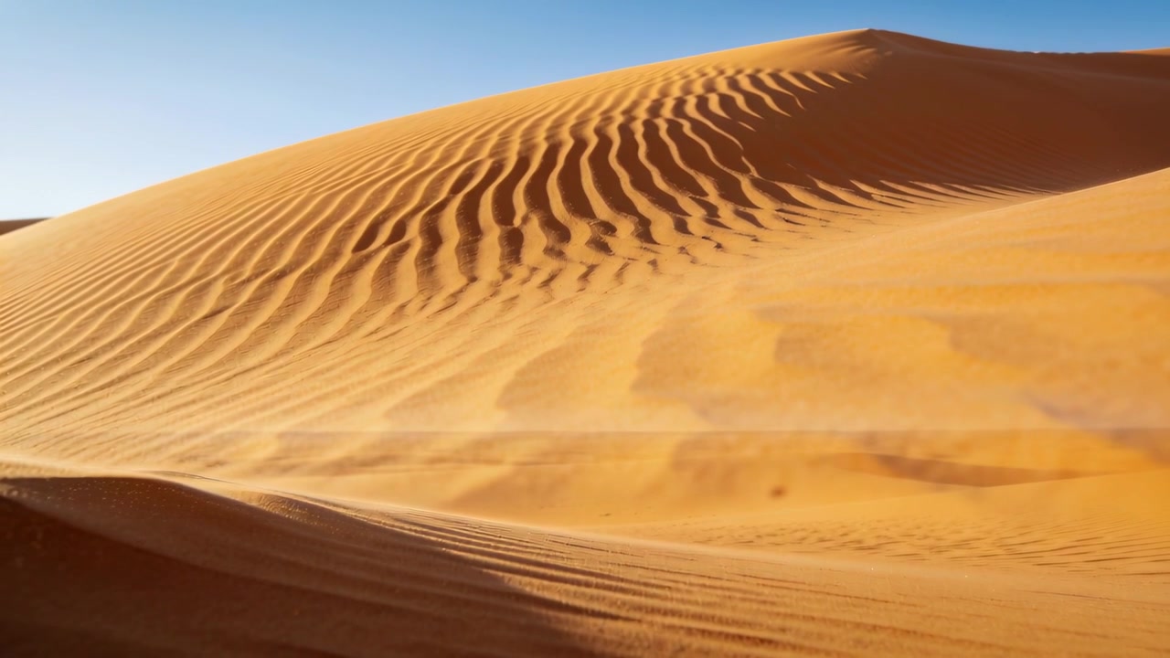Telecamera in panoramica e vento che solleva la sabbia, rivelando una grande duna nel deserto e mostrando la cresta ondulata.