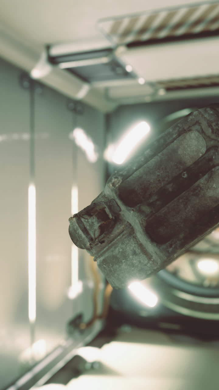 Floating canister inside a futuristic space station corridor at twilight