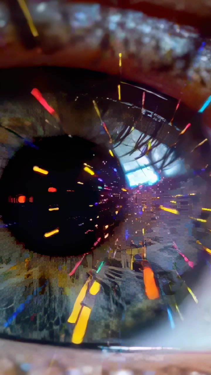 Vertical video: Displaying macro eye reacting to window, neon streaks converging then radiating