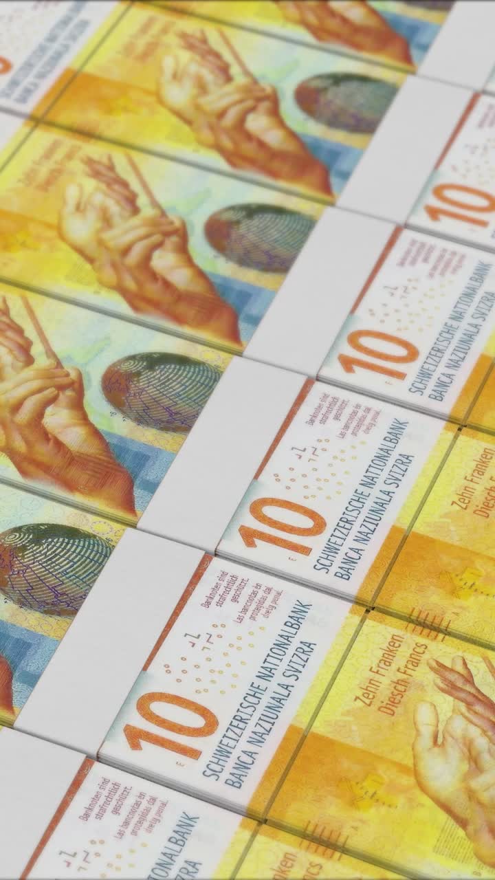 video vertical de billetes de 10 francos suizos impresos por una imprenta de dinero