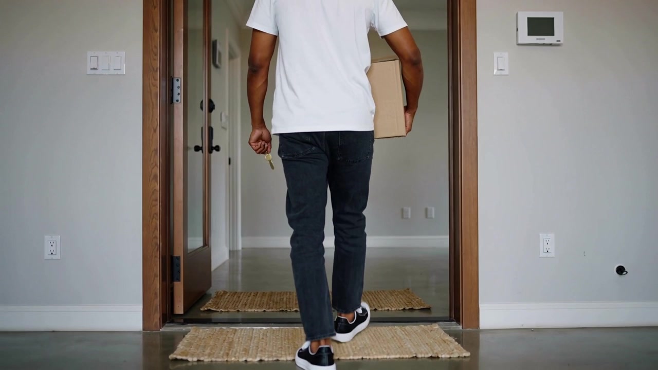 Stepping across woven rug, man walking into home carrying delivery box and keys, wearing white tee