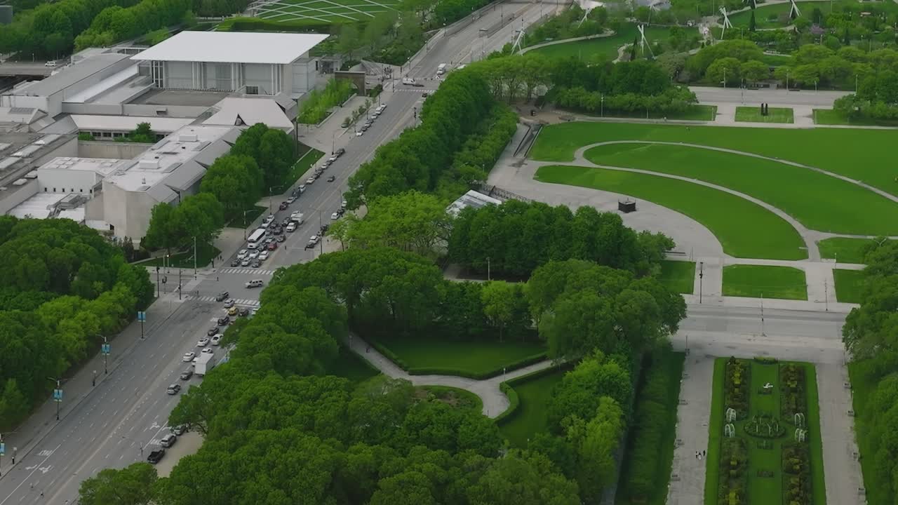 Aerial view of roads and green areas in Chicago during daytime
