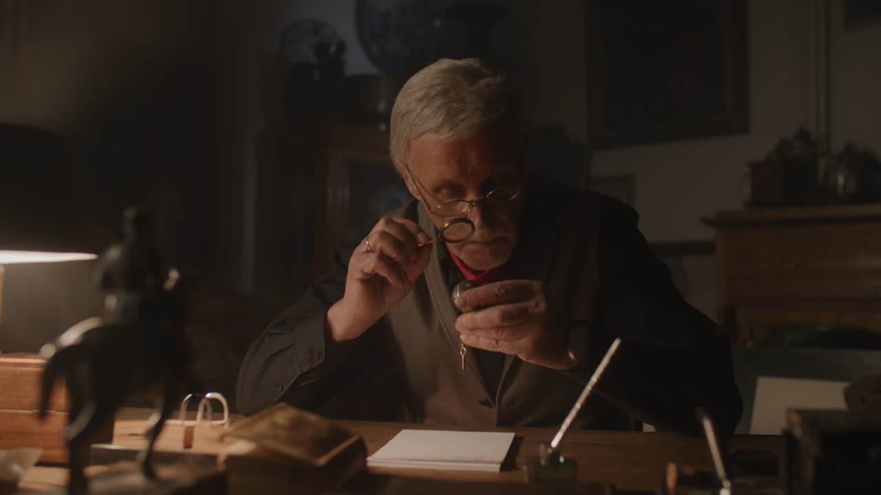 Older passionate man evaluates an old silver skull watch in his office at night