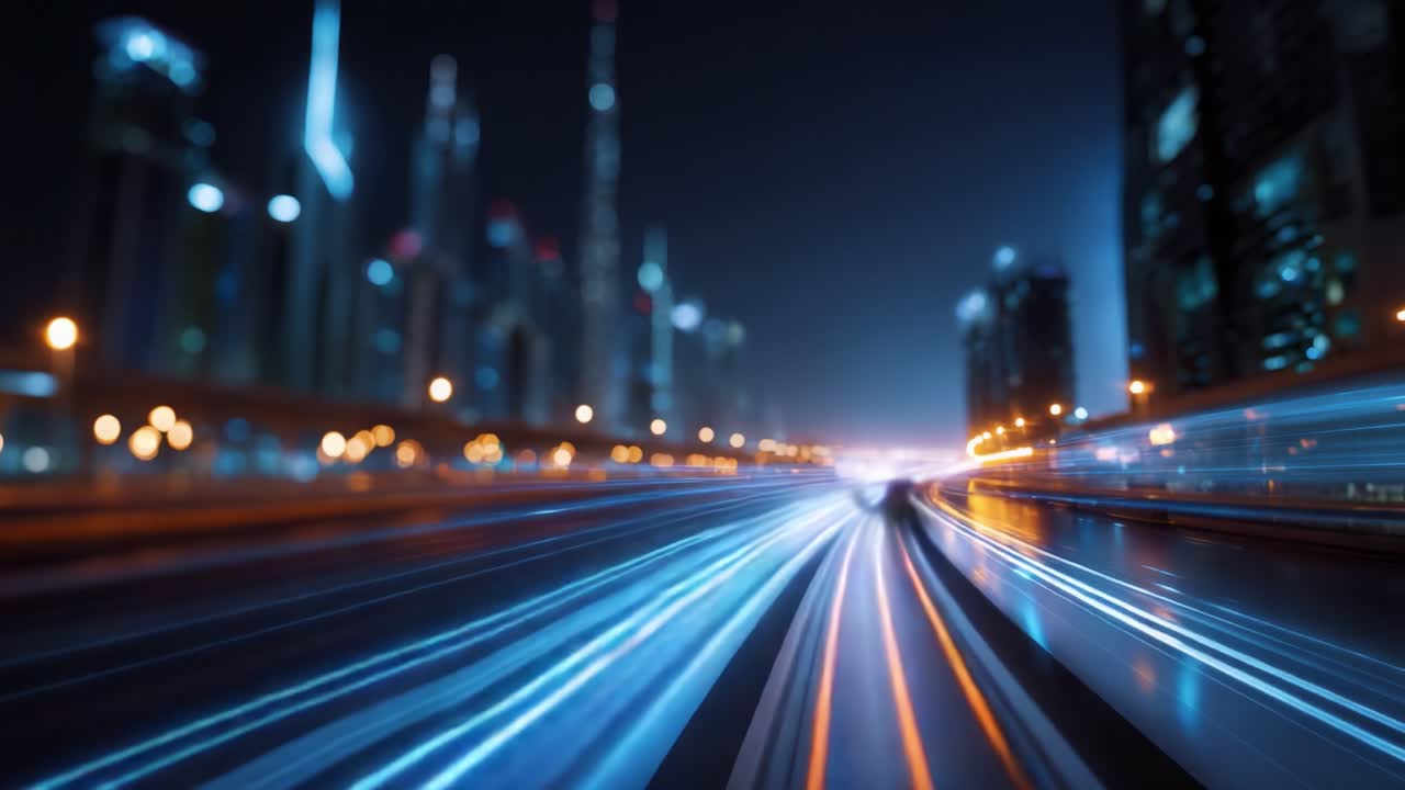 Paesaggio notturno dinamico della città con luci sfocate che illustrano il movimento rapido su un'autostrada circondata da grattacieli in un vivace ambiente urbano