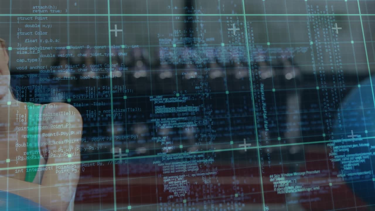 Woman shifting to frontal pose on fitness ball for ad, camera tightening and code overlay engaging