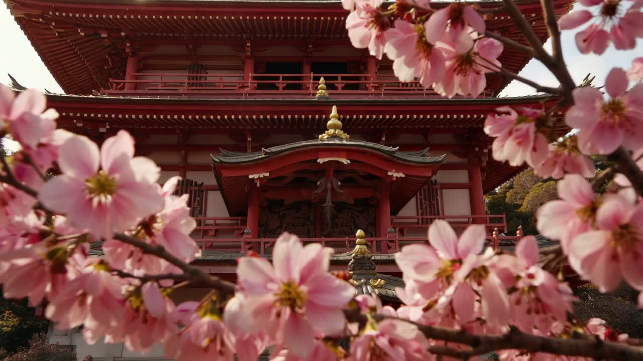 Kameraet panorerer langsomt og afslører et rødt tempel i haven, lyserøde blomster svajer, gyldne spir er centreret