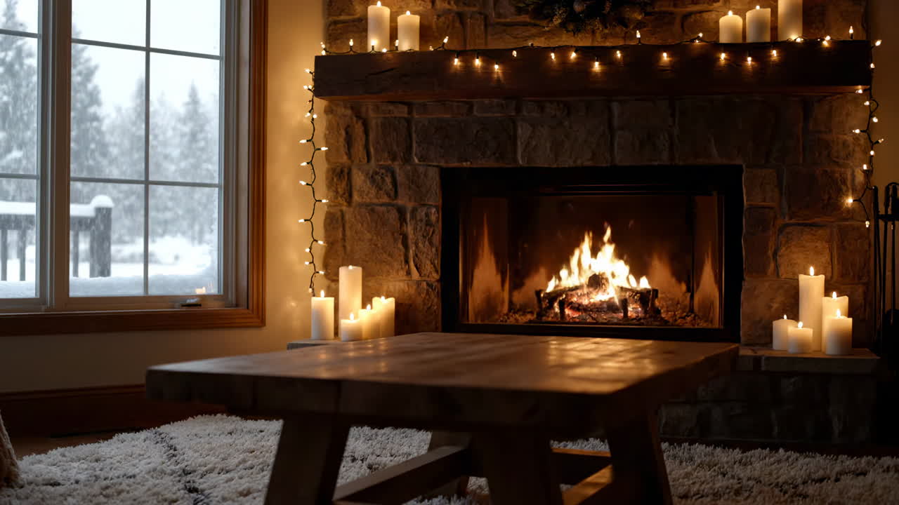 Cozy winter evening by the fireplace. A warm fire burns in a stone fireplace, surrounded by candles, while snow falls outside the window