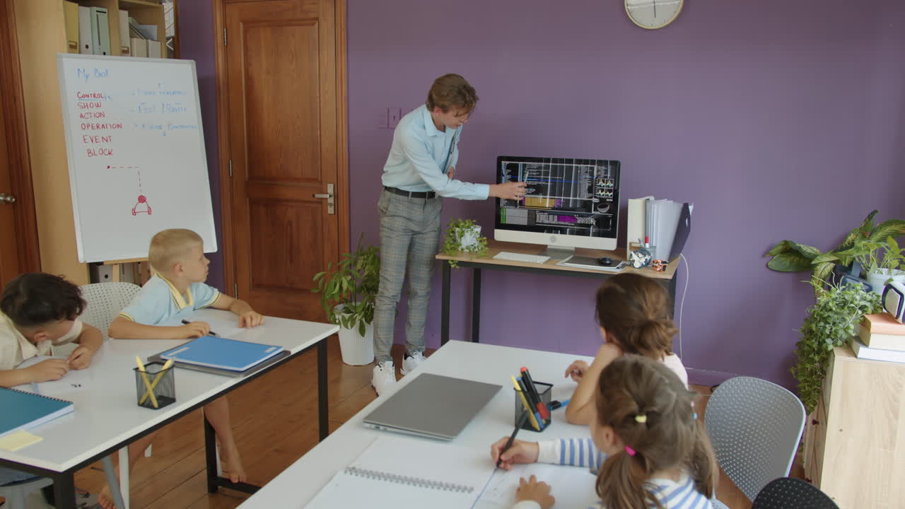 Tutor Pointing at Monitor during Coding Lesson with Schoolchildren