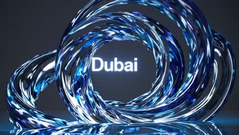 abstract composition featuring swirling blue glass rings rotating against a dark gray backdrop, with dubai illuminated at the center, embodying the citys innovative spirit