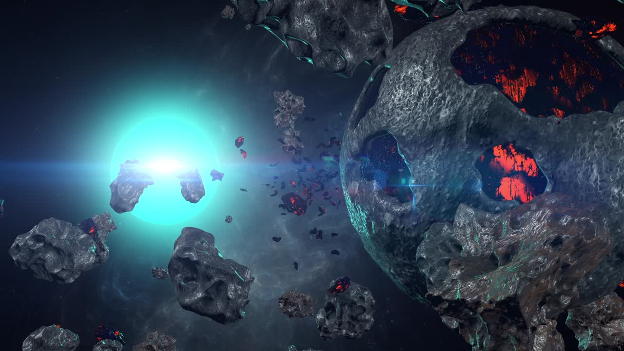 viajando a través de un campo de asteroides que rodea un planeta moribundo y una estrella azul muy lejos