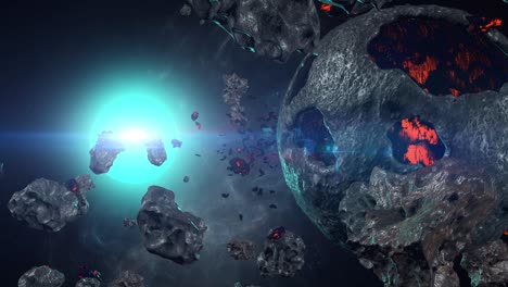 Traveling-Through-an-Asteroid-Field-Surrounding-a-Dying-Planet-and-a-Blue-Star-far-away