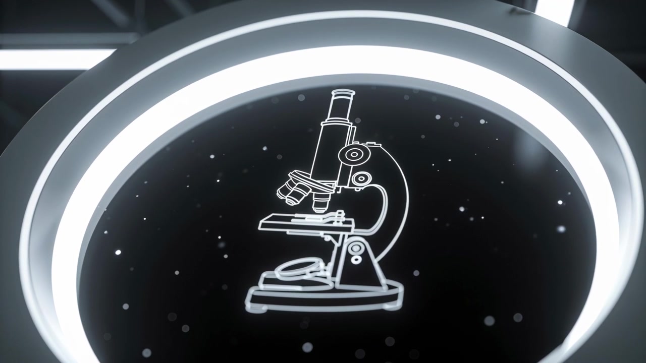 Animation starting white microscope line art rotating in dark display with lit ring showing specks