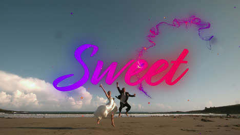 animation of sweet text over just married couple on the beach