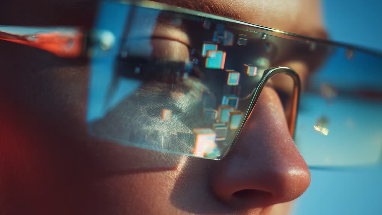 Close-up of a Futuristic Individual Wearing Reflective Glasses with Vibrant Digital Patterns, Highlighting the Intriguing Blend of Technology and Human Expression in a Modern Context