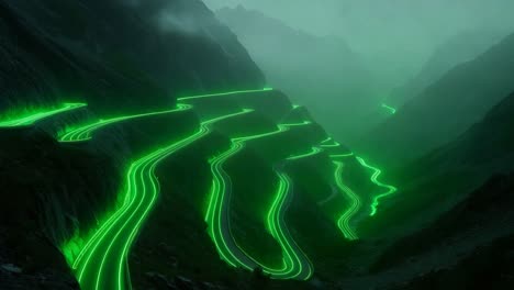 glowing green roads through misty mountains