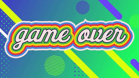 Animation-of-game-over-text-with-rainbow-colours-and-multiple-abstract-shapes