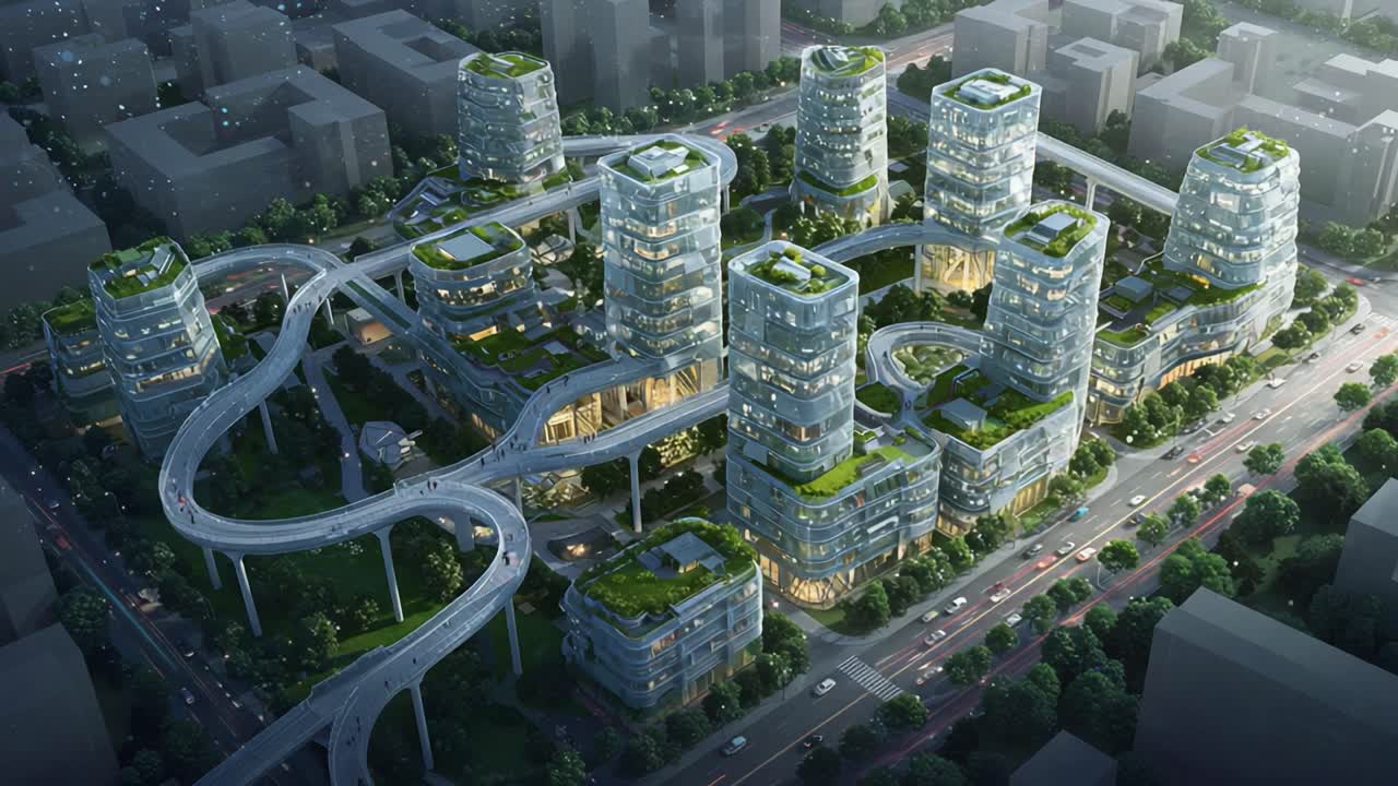 Aerial View of an Innovative Urban Development with Smart Architecture Featuring Green Spaces and Elevated Walkways, Showcasing Modern Design and Sustainable Living