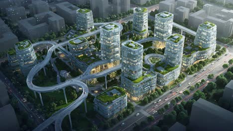 aerial view of an innovative urban development with smart architecture featuring green spaces and elevated walkways, showcasing modern design and sustainable living
