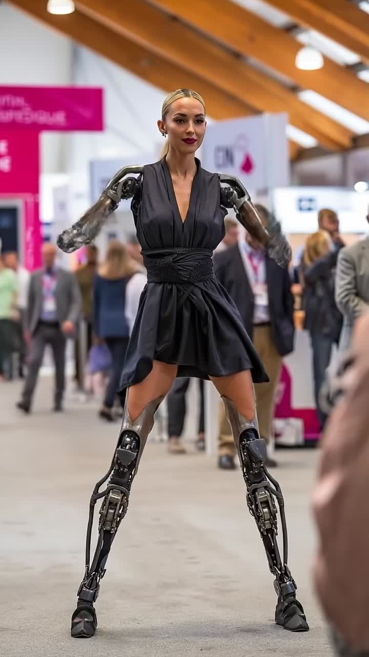 Moderigtig kvindelig cyborg i sort kjole med komplekse bioniske ben på udstilling