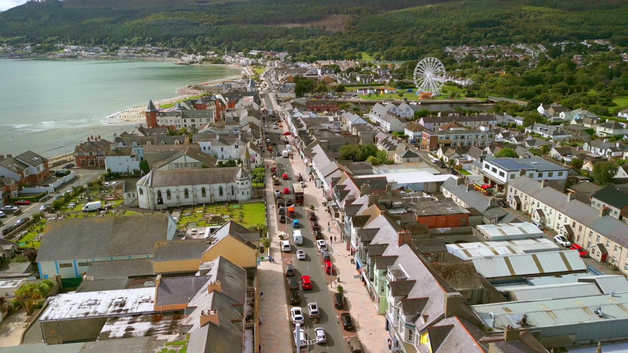 Advancing aerial video of Main Street in Newcastle, County Down, Northern Ireland. Produced in 4K, 60FPS and with Rec709 color.