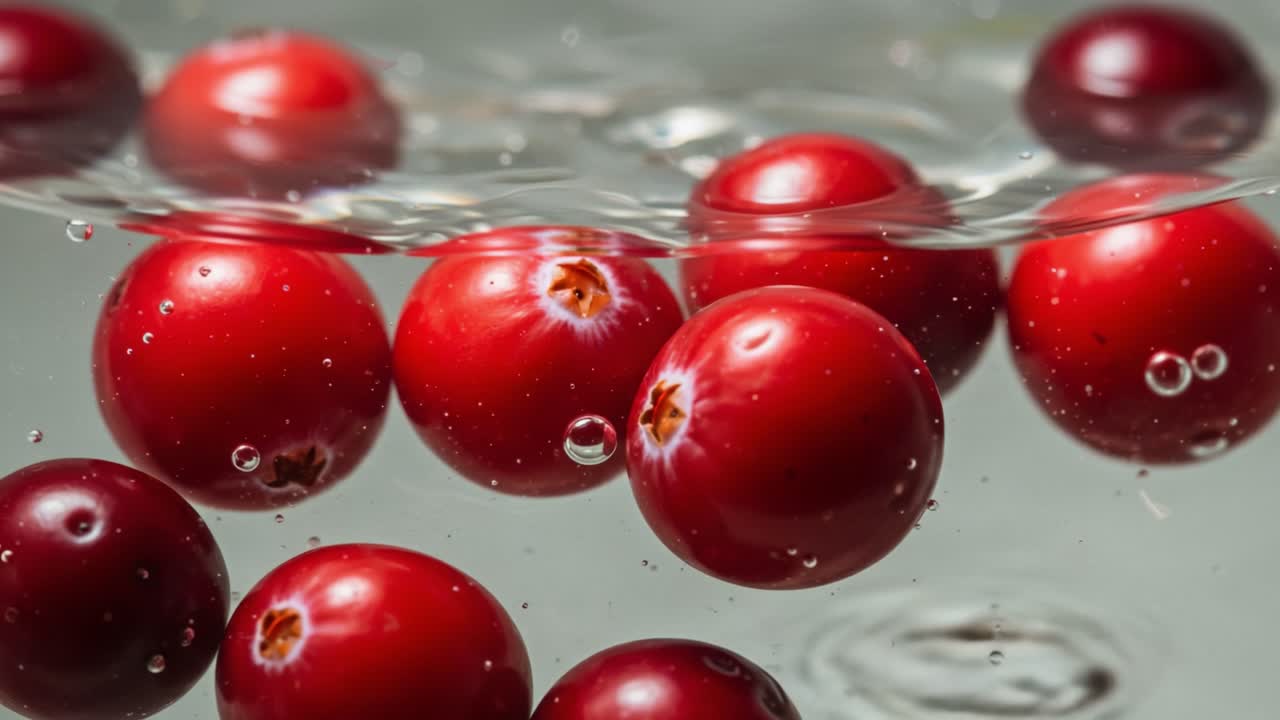 A captivating underwater scene showcasing vibrant red cranberries as they float amidst a clear water surface, creating a striking visual of nature's beauty and freshness
